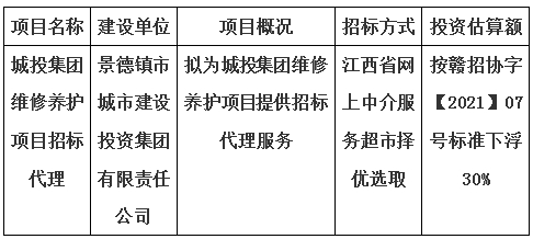 城投集團(tuán)維修養(yǎng)護(hù)項(xiàng)目招標(biāo)代理計劃公告