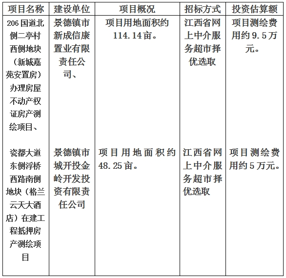 景德鎮(zhèn)市206國道北側(cè)二亭村西側(cè)地塊（新城嘉苑安置房）辦理房屋不動(dòng)產(chǎn)權(quán)證房產(chǎn)測繪項(xiàng)目、瓷都大道東側(cè)浮橋西路南側(cè)地塊（格蘭云天大酒店）在建工程抵押房產(chǎn)測繪項(xiàng)目計(jì)劃公告