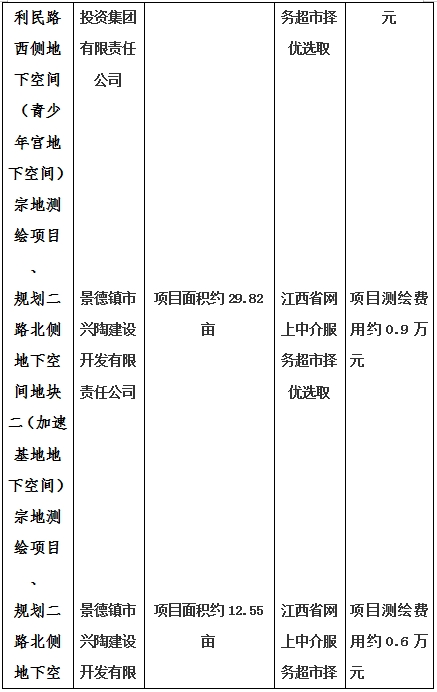 景德鎮(zhèn)市昌南新區(qū)LJ1-03-A01-1地塊、瓷都大道東側(cè)中渡口地下空間（格蘭云天大酒店地下空間）、光明大道北側(cè)利民路西側(cè)地下空間（青少年宮地下空間）、規(guī)劃二路北側(cè)地下空間地塊二（加速基地地下空間）、規(guī)劃二路北側(cè)地下空間地塊一（加速基地地下空間）、景德大道南側(cè)天寶橋西側(cè)地塊、景興大道東側(cè)如意路北側(cè)地下空間(社會公共服務(wù)