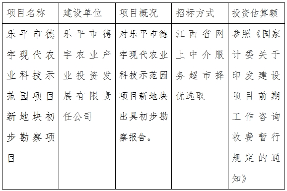 樂平德宇公司現代農業(yè)科技示范園項目新地塊初步勘察項目計劃公告
