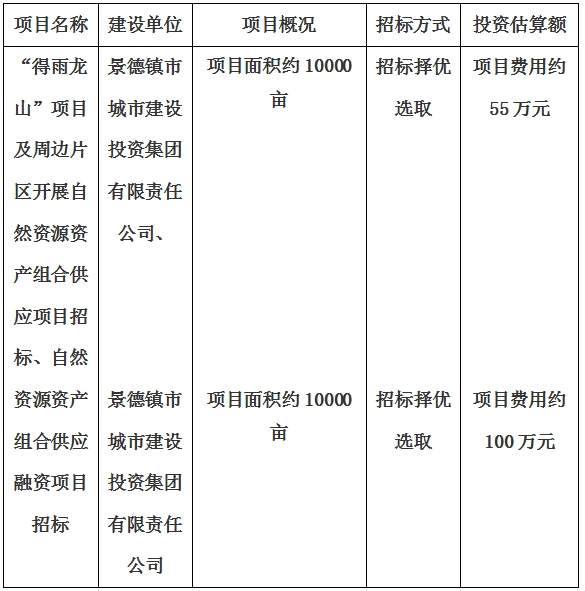 景德鎮(zhèn)市“得雨龍山”項(xiàng)目及周邊片區(qū)開展自然資源資產(chǎn)組合供應(yīng)項(xiàng)目、自然資源資產(chǎn)組合供應(yīng)融資項(xiàng)目招標(biāo)計劃公告