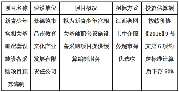 新青少年宮相關(guān)基礎(chǔ)配套設(shè)施設(shè)備采購項目預(yù)算編制計劃公告