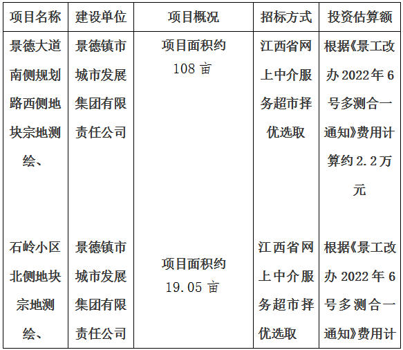 景德大道南側(cè)規(guī)劃路西側(cè)地塊宗地測(cè)繪、石嶺小區(qū)北側(cè)地塊宗地測(cè)繪、玉字亭路東側(cè)HX02-A07地塊宗地測(cè)繪、金嶺大道西側(cè)迎賓大道北側(cè)地塊宗地測(cè)繪項(xiàng)目計(jì)劃公告